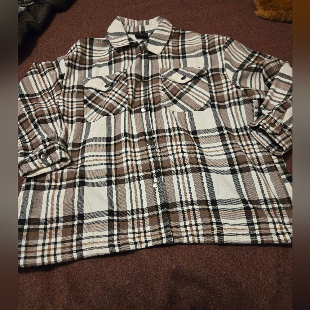 HFX Women's Shirt Jacket Relaxed Fit Drop Shoulder Cream Brown Size XXL